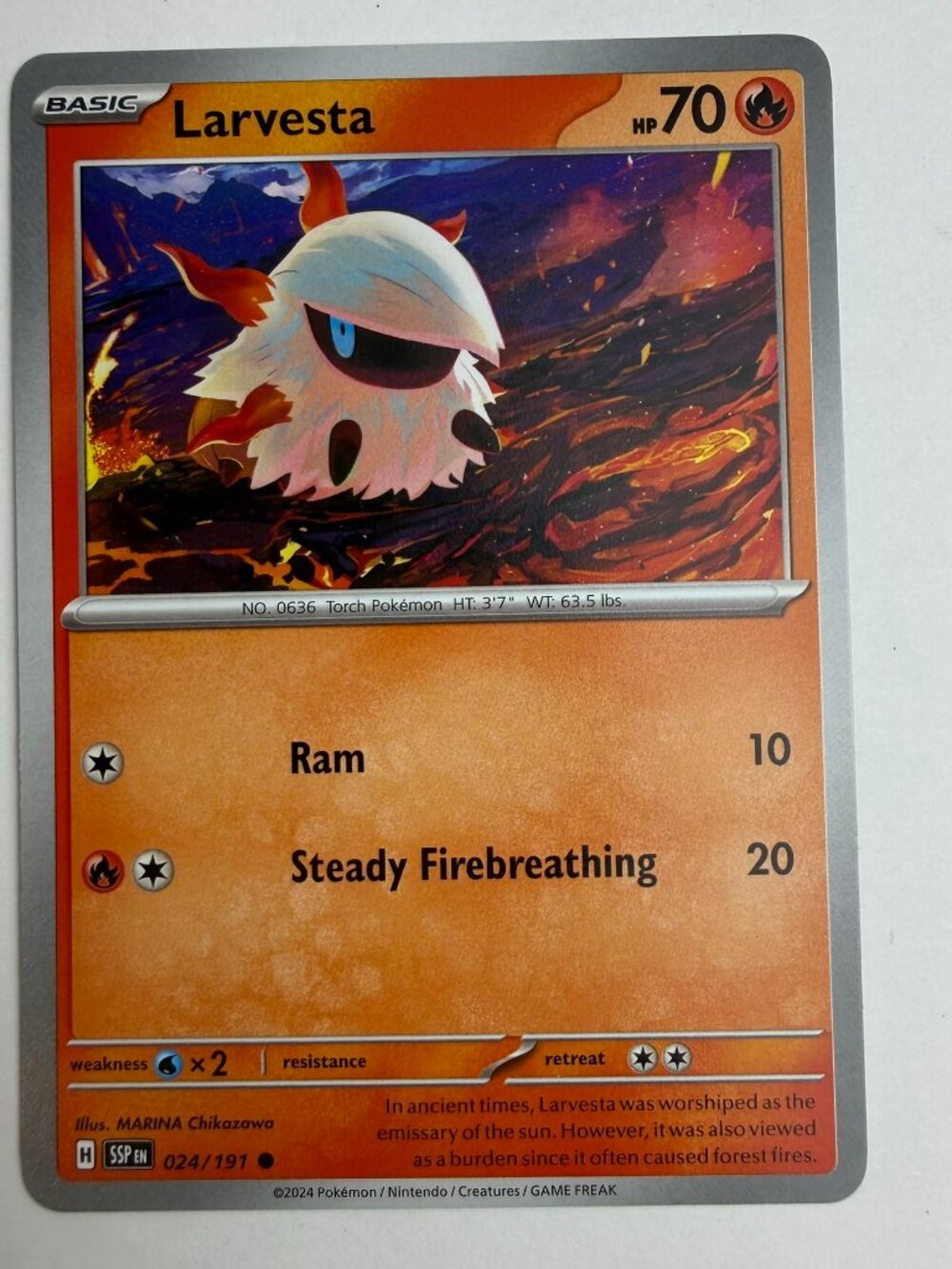 Larvesta 024/191 SV08 Surging Sparks Reverse Holo Common 70 HP Ram Firebreathing